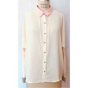 FOREVER 21 CREAM CAMEL PINK COLORBLOCK LONG SLEEVE BUTTON-UP BLOUSE L NWT